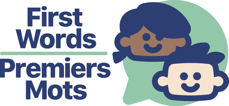 The logo for first words premiers mots shows a boy and a girl talking to each other.