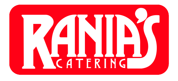 A red and white logo for ranias catering