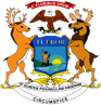 The coat of arms of the state of michigan with two deer and an eagle.