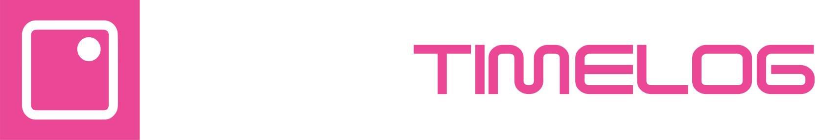 A pink and white logo for a company called timelog